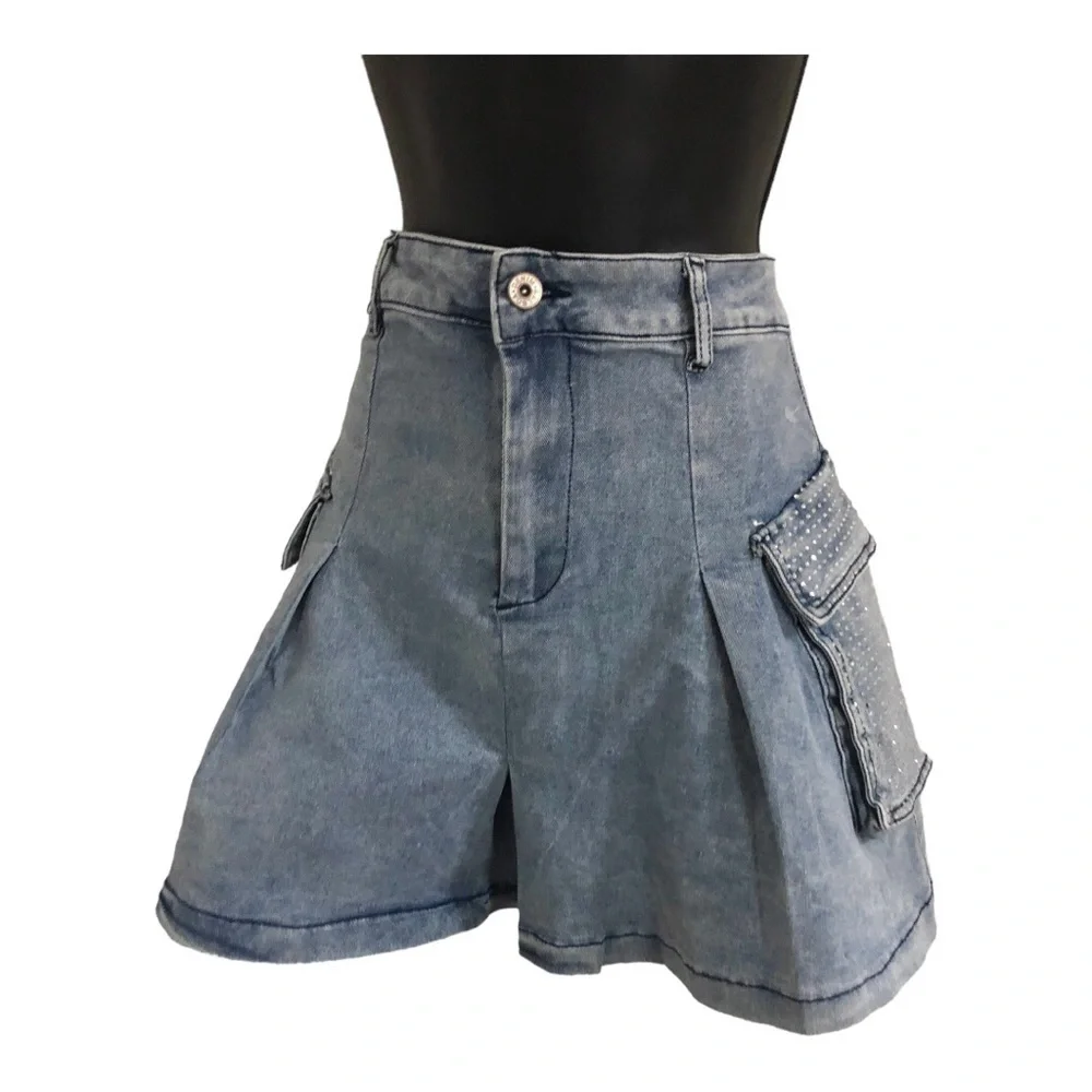 A-line crystal embellished rhinestone utility cargo style mini denim jeans skirt